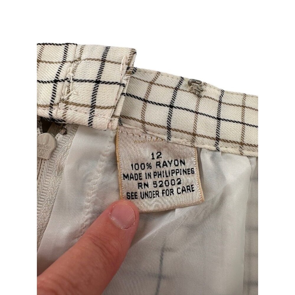 Vtg Liz Claiborne Beige Black Checkered Rayon Midi Skirt Size 12 Academia Money - Picture 2 of 13